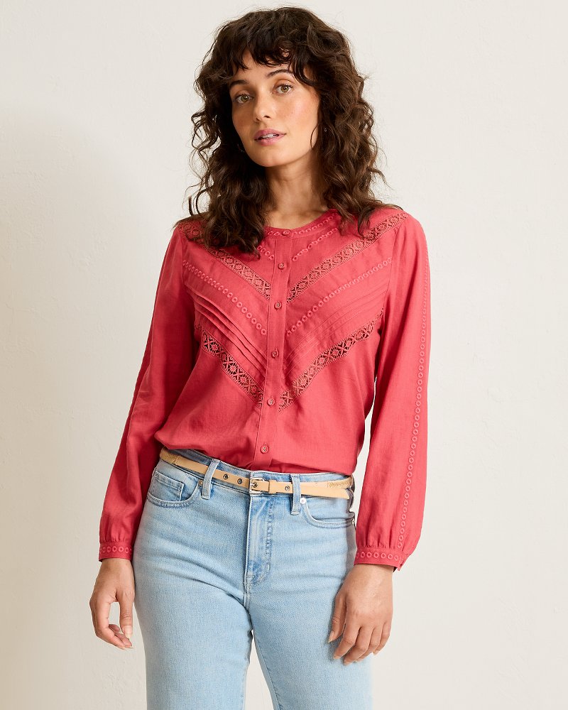 Palm Shores Lace Trim Linen-Blend Top