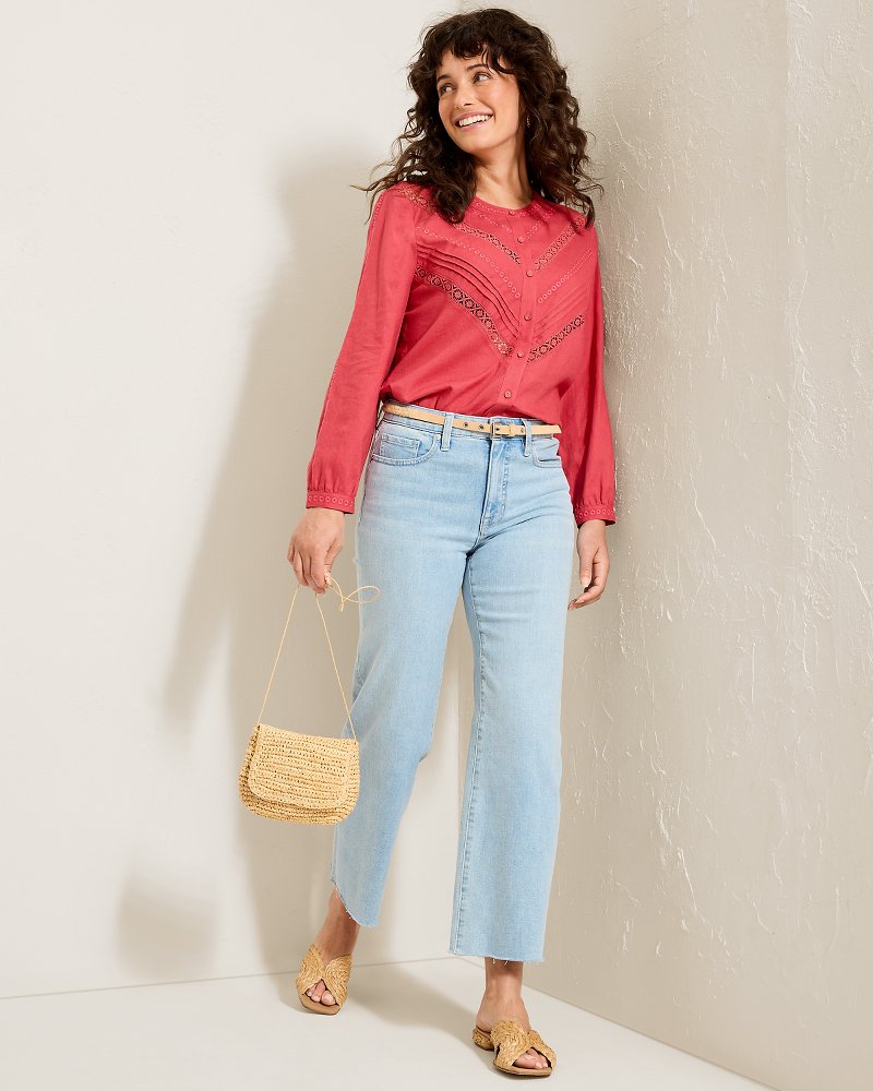 Palm Shores Lace Trim Linen-Blend Top