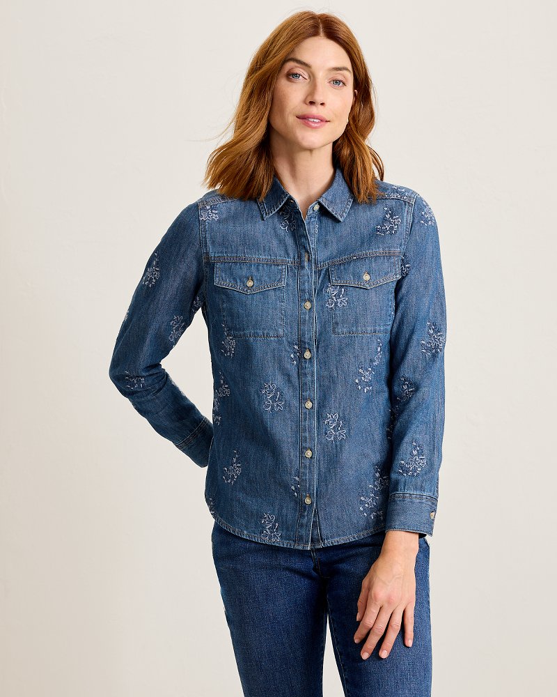 Flora Embroidered Linen-Blend Denim Shirt