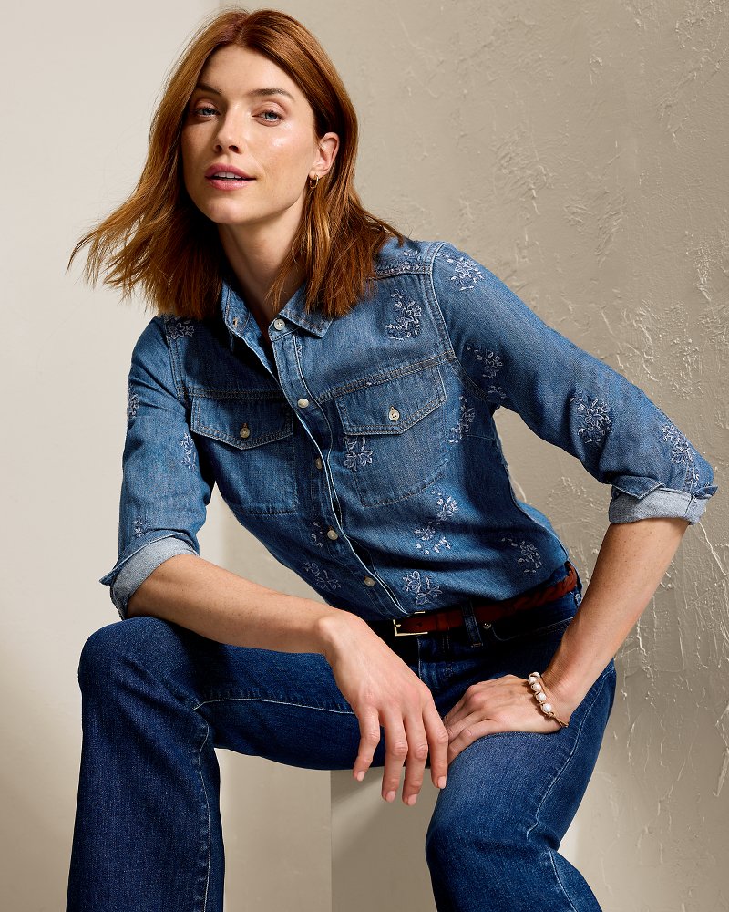 Flora Embroidered Linen-Blend Denim Shirt