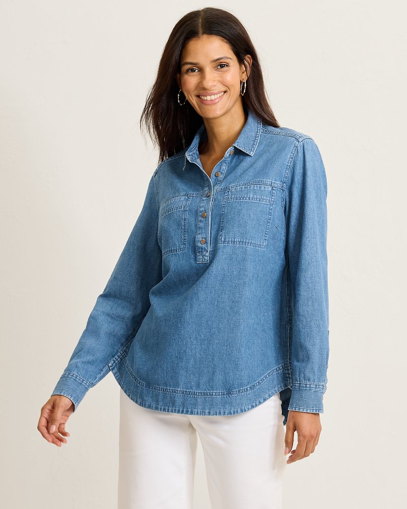 Cross Hatch Denim Boyfriend Popover Top