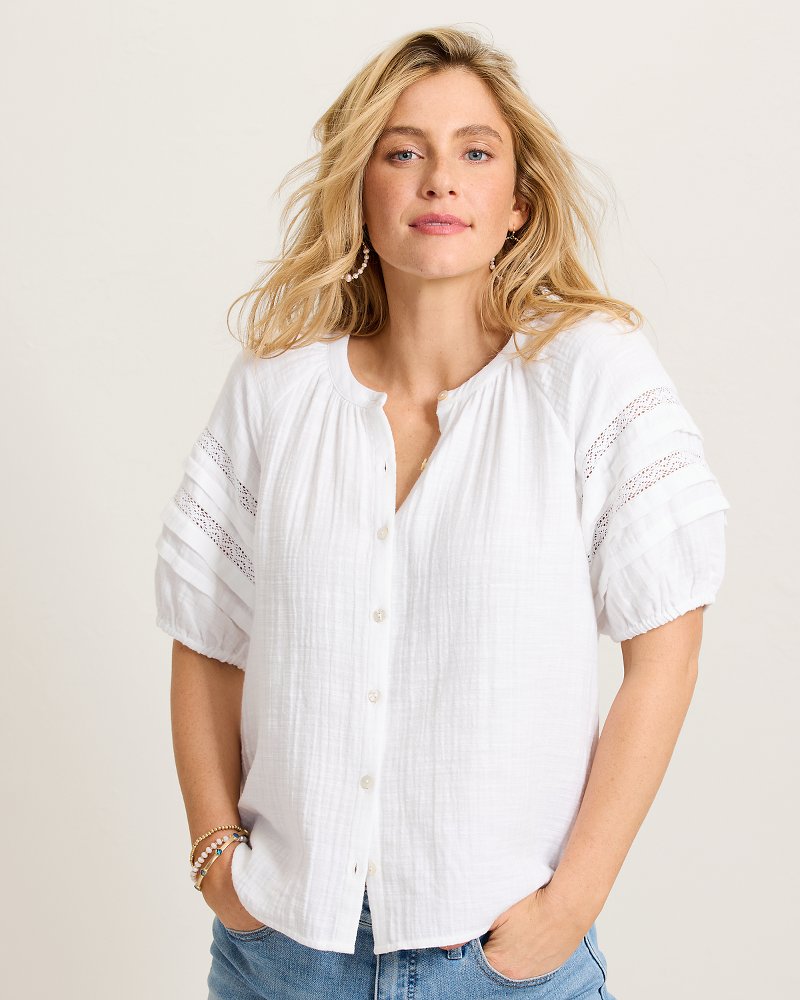 Island Gauze Trim Puff-Sleeve Top