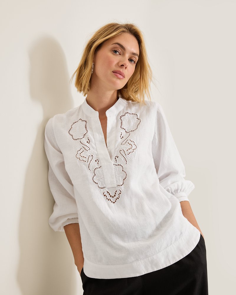 Coastalina Linen Floral Eyelet Blouse