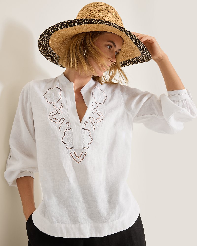 Coastalina Linen Floral Eyelet Blouse