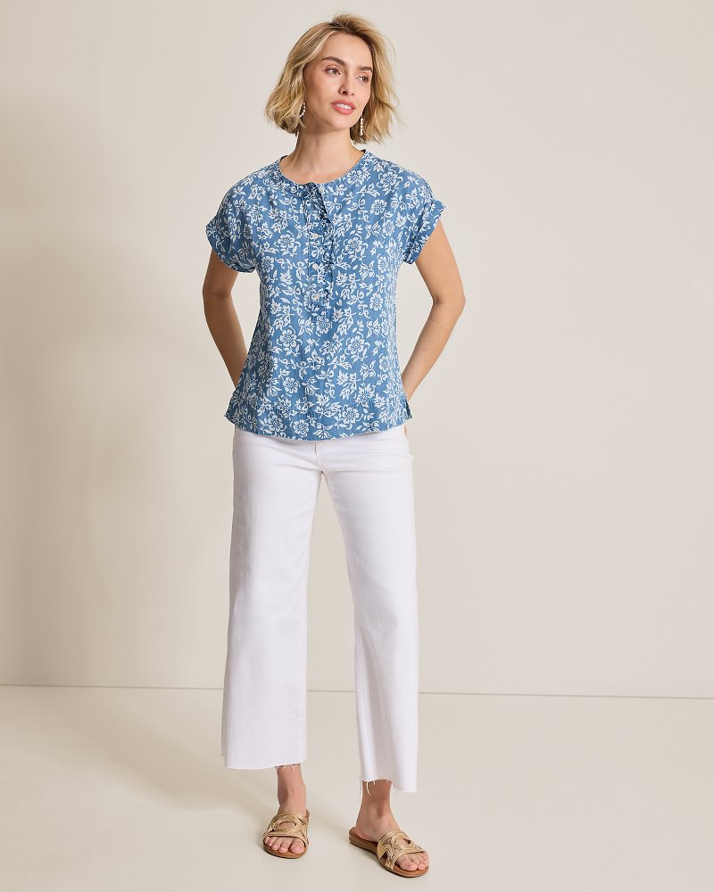 Chambray O'Lei Bahia Blooms Linen-Blend Ruffle Top