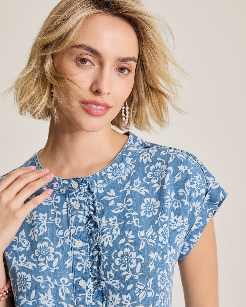 Chambray O'Lei Bahia Blooms Linen-Blend Ruffle Top thumbnail 4