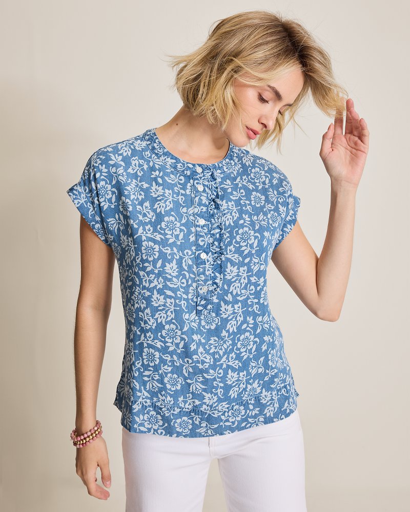 Chambray O'Lei Bahia Blooms Linen-Blend Ruffle Top