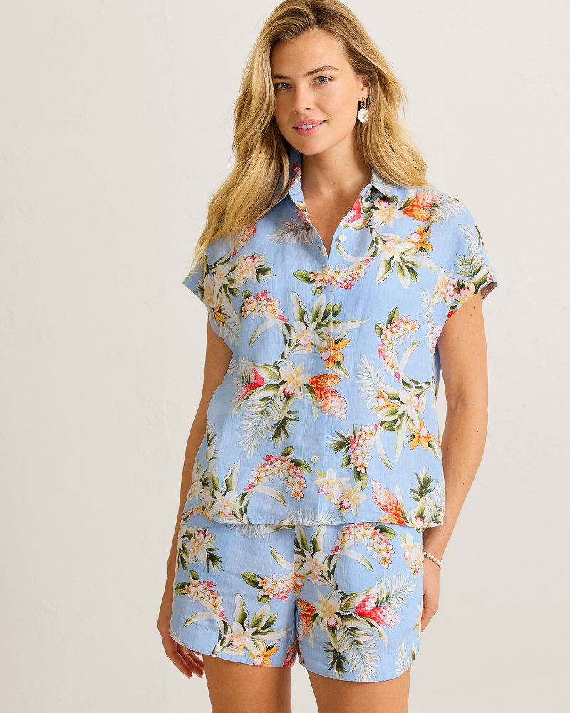 Coastalina Linen Ginger Flowers Camp Shirt