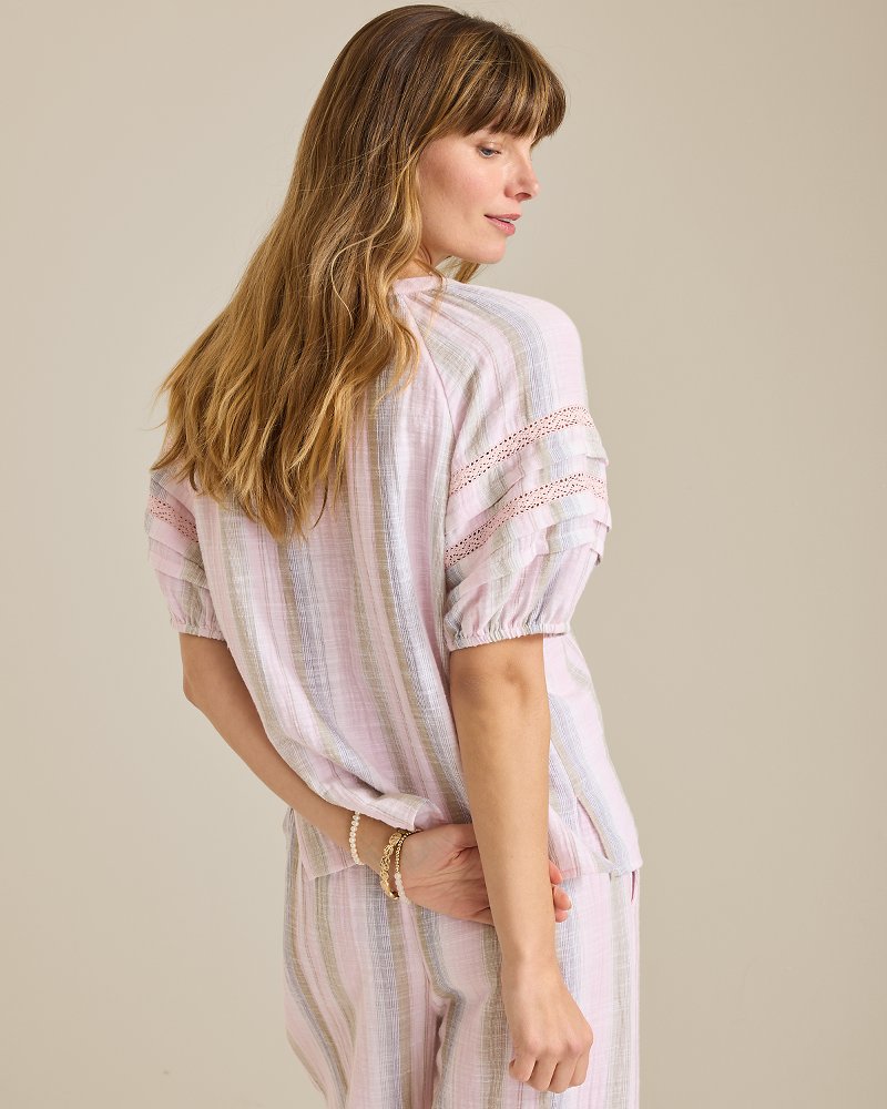 Island Gauze Stripe Puff-Sleeve Top