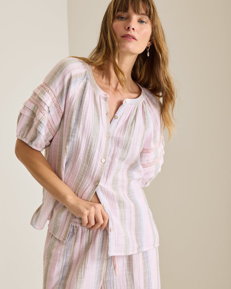 Island Gauze Stripe Puff-Sleeve Top