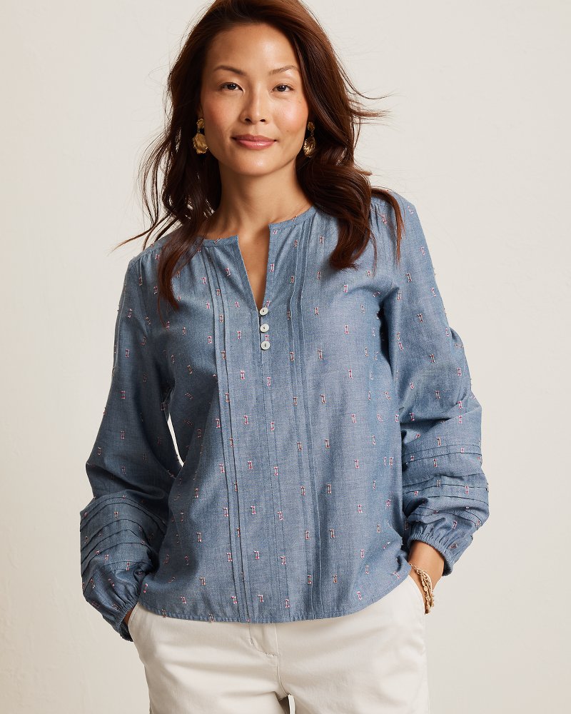 Ikat Isle Pintuck Long-Sleeve Blouse