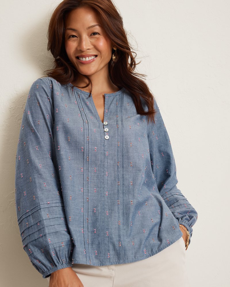 Ikat Isle Pintuck Long-Sleeve Blouse