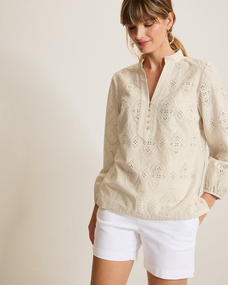 Schiffli Eyelet Long-Sleeve Blouse