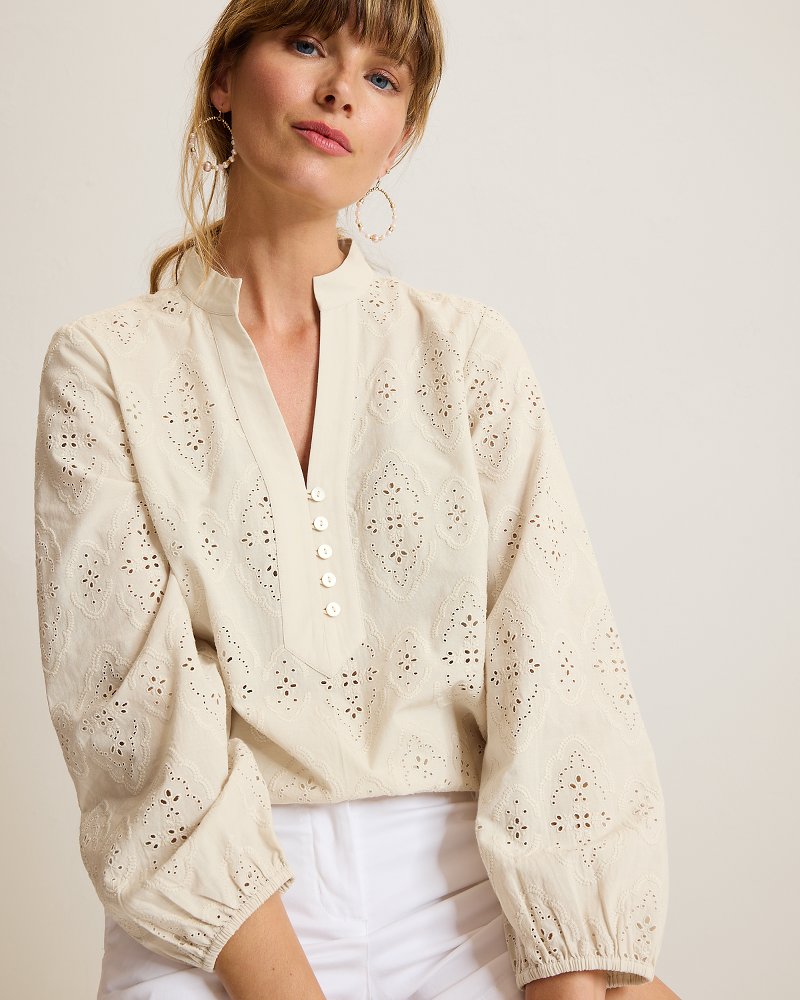 Schiffli Eyelet Long-Sleeve Blouse thumbnail 4