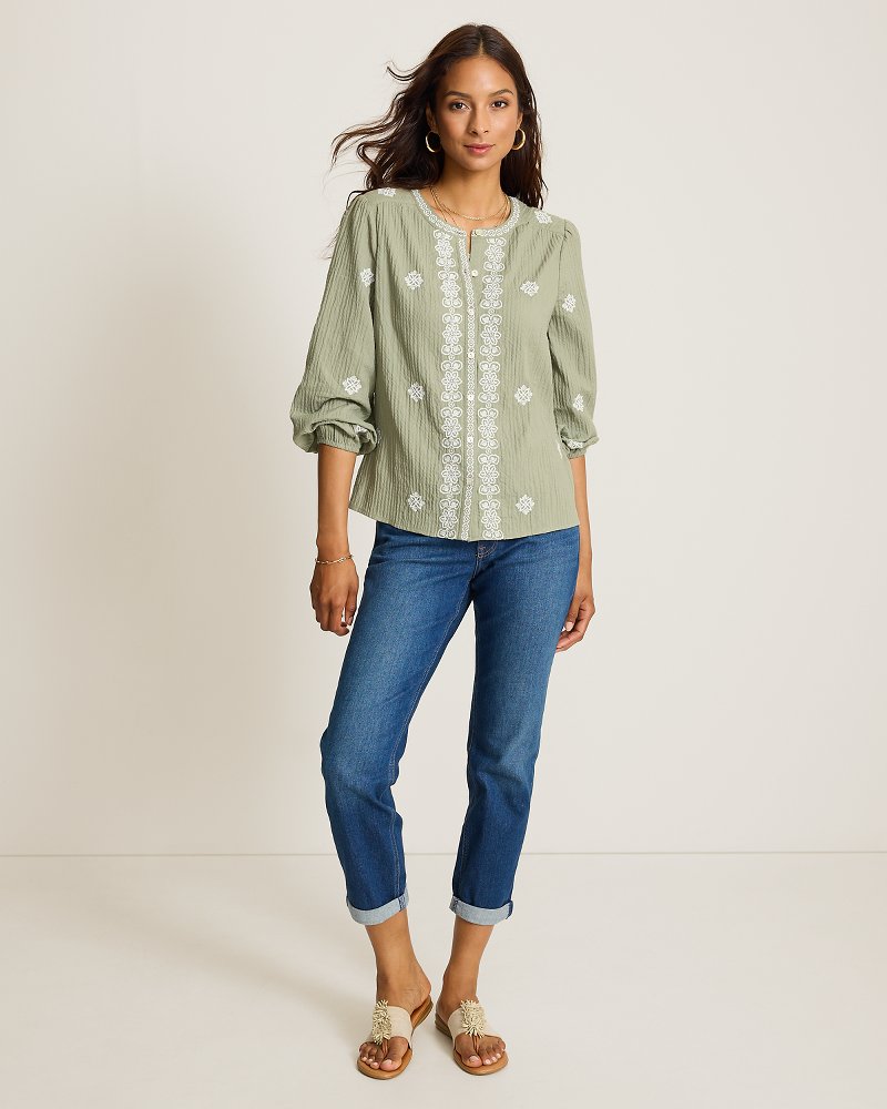 Gauze Embroidered Long-Sleeve Blouse