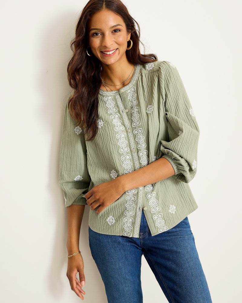 Gauze Embroidered Long-Sleeve Blouse