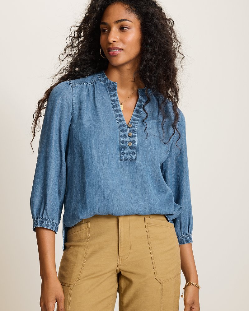 Chambray O'Lei Embroidered Linen-Blend Top thumbnail 4