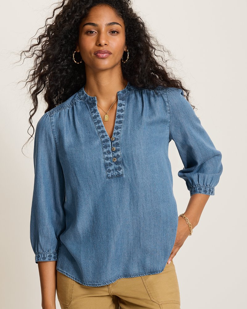 Chambray O'Lei Embroidered Linen-Blend Top