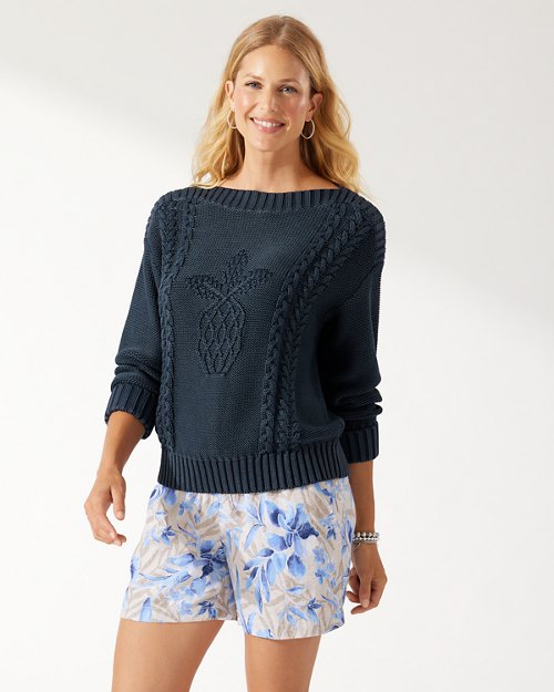 Sea Glass Cotton Cable-Knit Pineapple Sweater