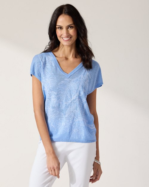 Totally Toile Embroidered Lightweight V-Neck Top