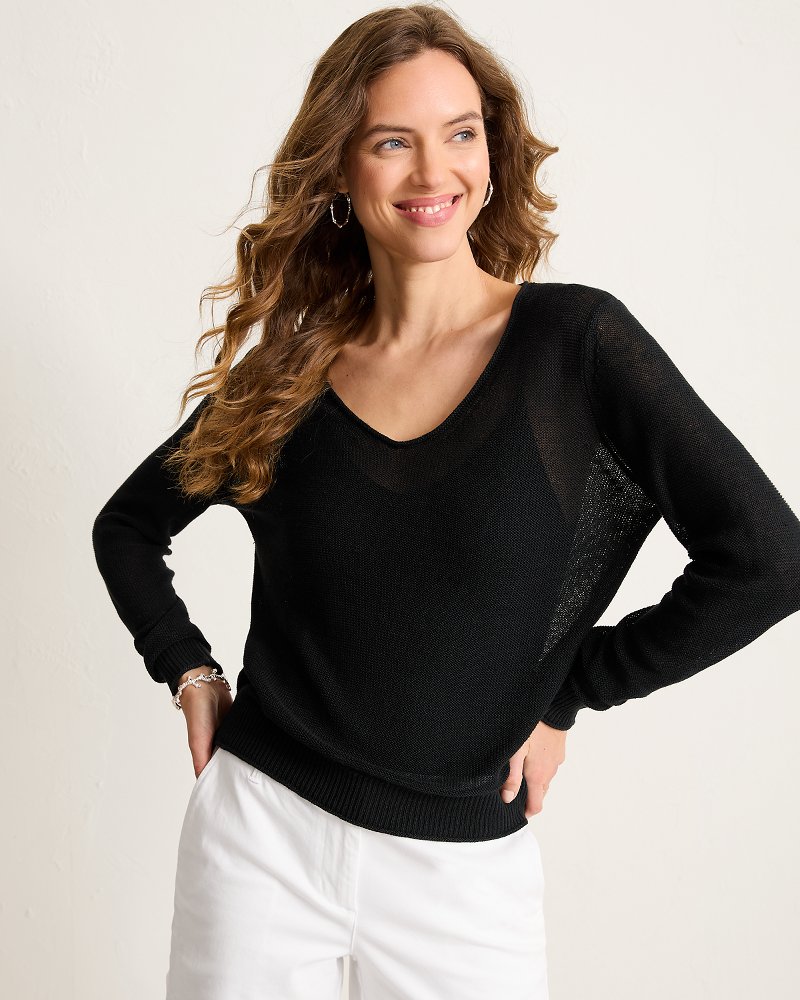 Cedar Linen Long-Sleeve V-Neck Sweater