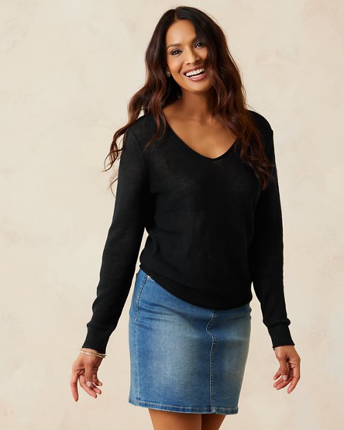 Cedar Linen Long-Sleeve V-Neck Sweater