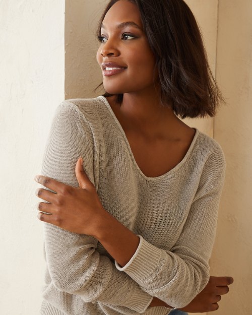 Cedar Linen Long-Sleeve V-Neck Sweater