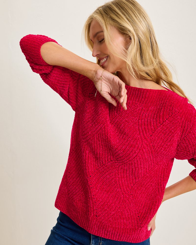 Island Luna Chenille Shell Stitch Boat-Neck Sweater