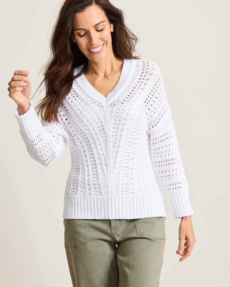 Beachy Cotton Open-Stitch V-Neck Sweater