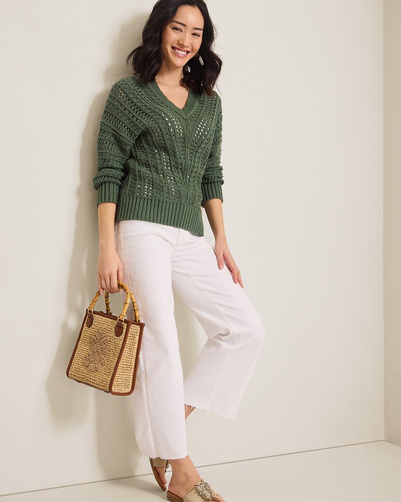Thumbnail for Beachy Cotton Open-Stitch V-Neck Sweater