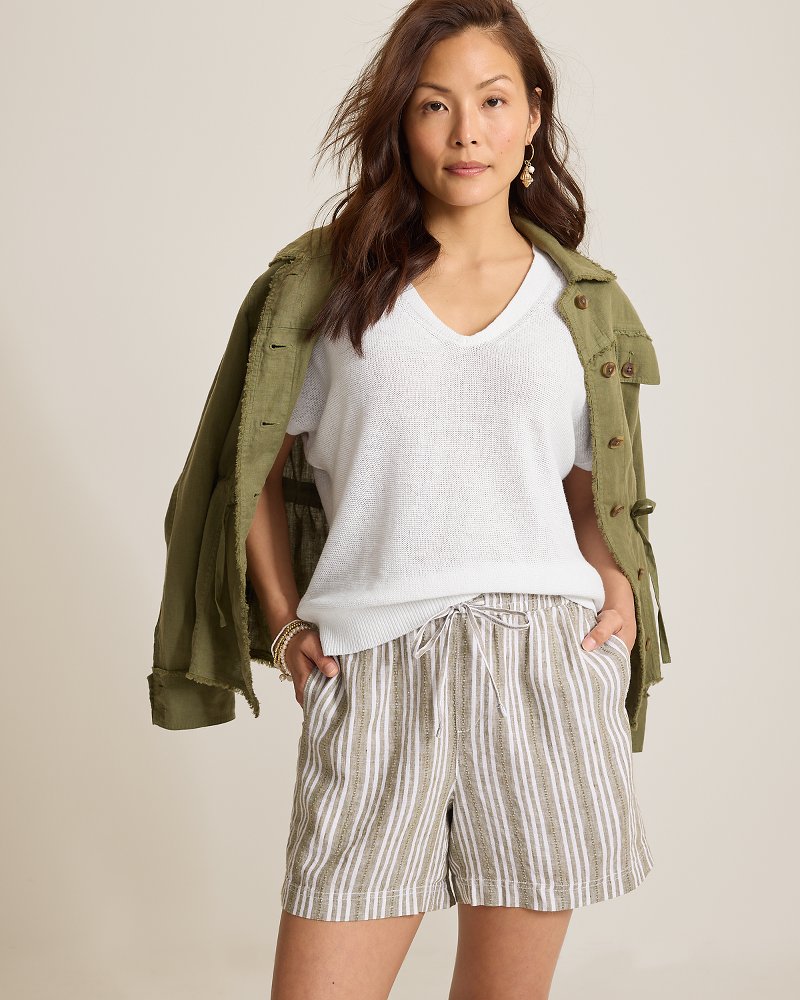 Lakes Edge Linen-Blend V-Neck Sweater Top