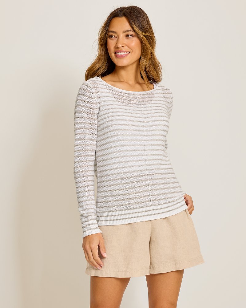 Cedar Linen Stripe Bateau-Neck Sweater