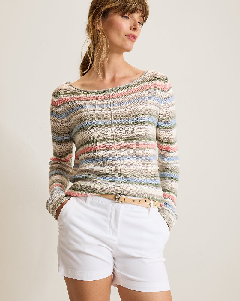 Cedar Linen Multi Stripe Bateau-Neck Sweater