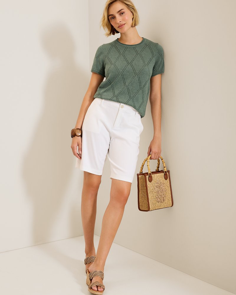 Diamond Stitch Short-Sleeve Crew Sweater