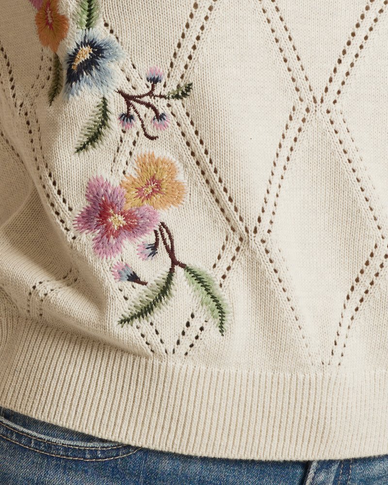 Diamond Stitch Embroidered Short-Sleeve Crew Sweater
