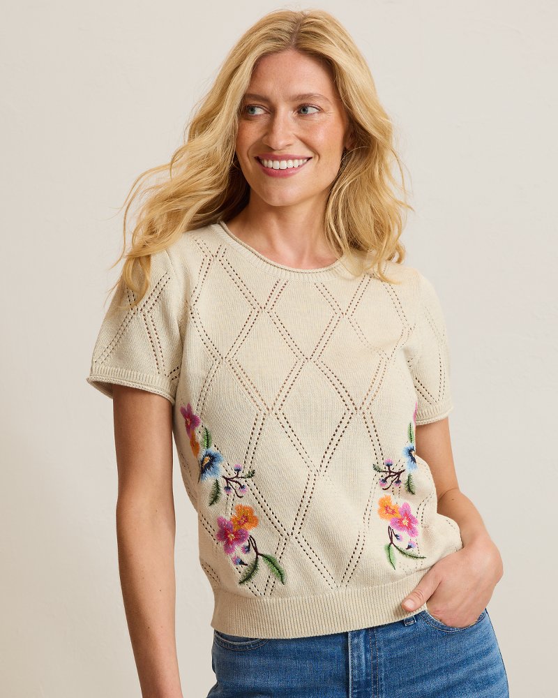 Diamond Stitch Embroidered Short-Sleeve Crew Sweater