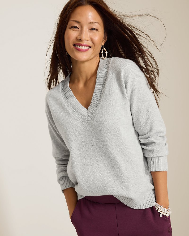 Cloud Bay Metallic Stripe V-Neck Sweater