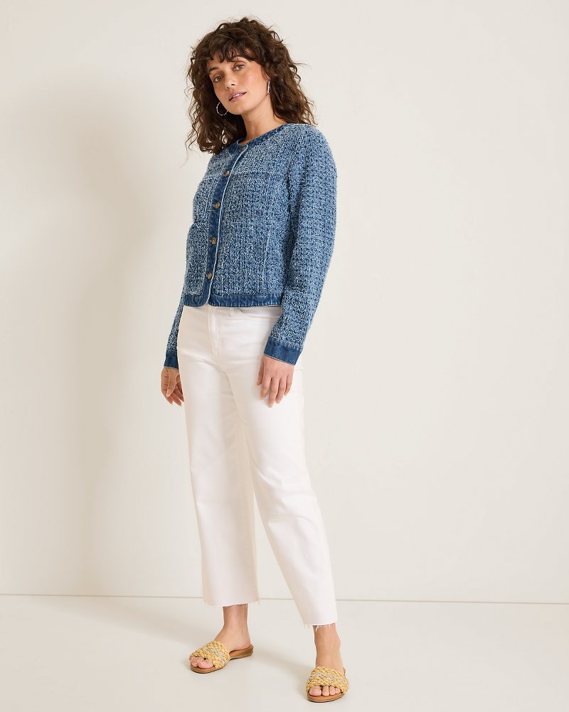Perforated Tweed Cropped Denim Jacket