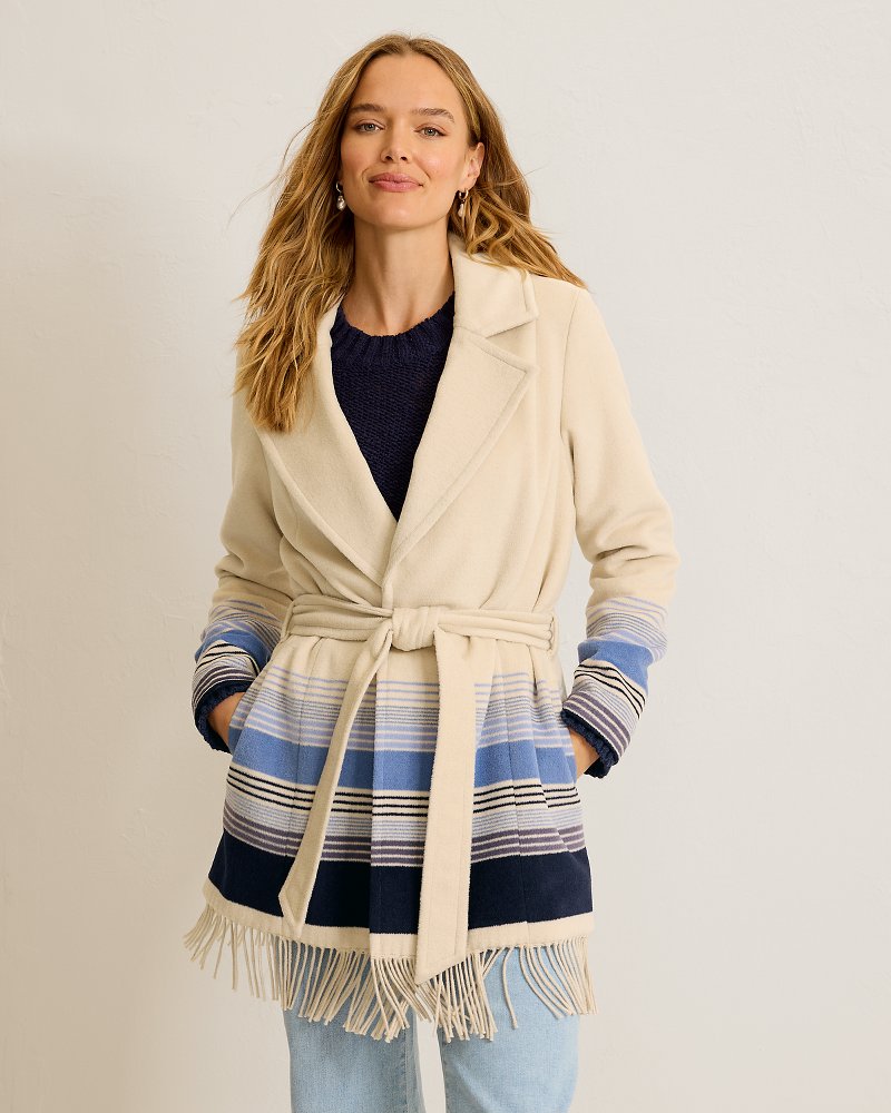 Wool-Blend Stripe Wrap Coat