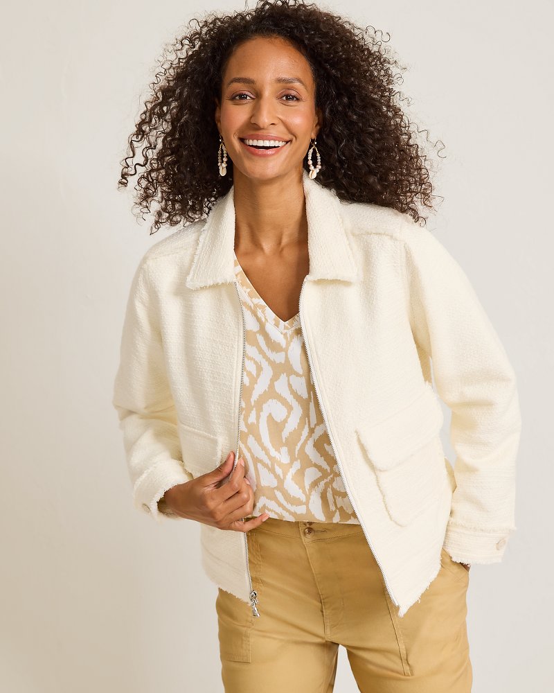Cotton Boucle Full-Zip Bomber Jacket