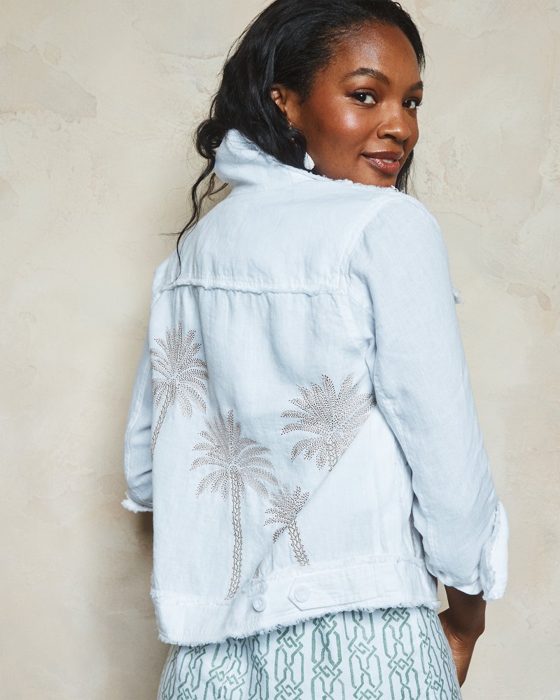 Two Palms Embroidered Palm Raw-Edge Linen Jacket