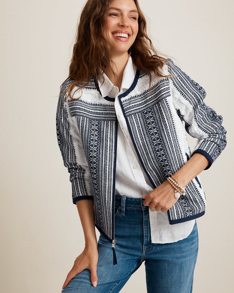 Jacquard Zip-Front Collarless Jacket