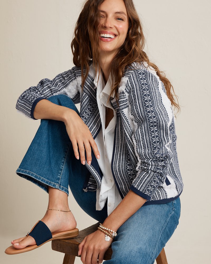 Jacquard Zip-Front Collarless Jacket