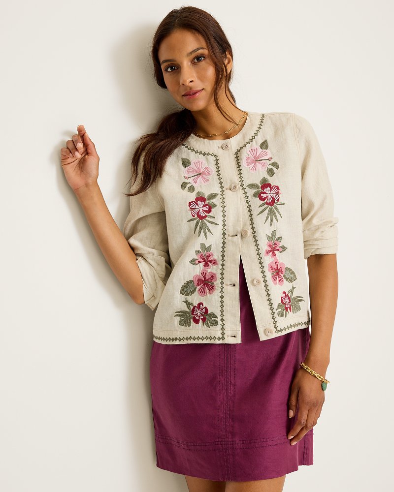 Two Palms Embroidered Collarless Linen Jacket