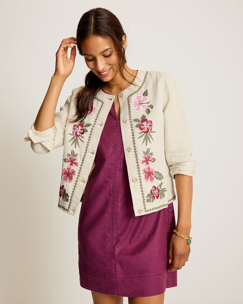 Two Palms Embroidered Collarless Linen Jacket