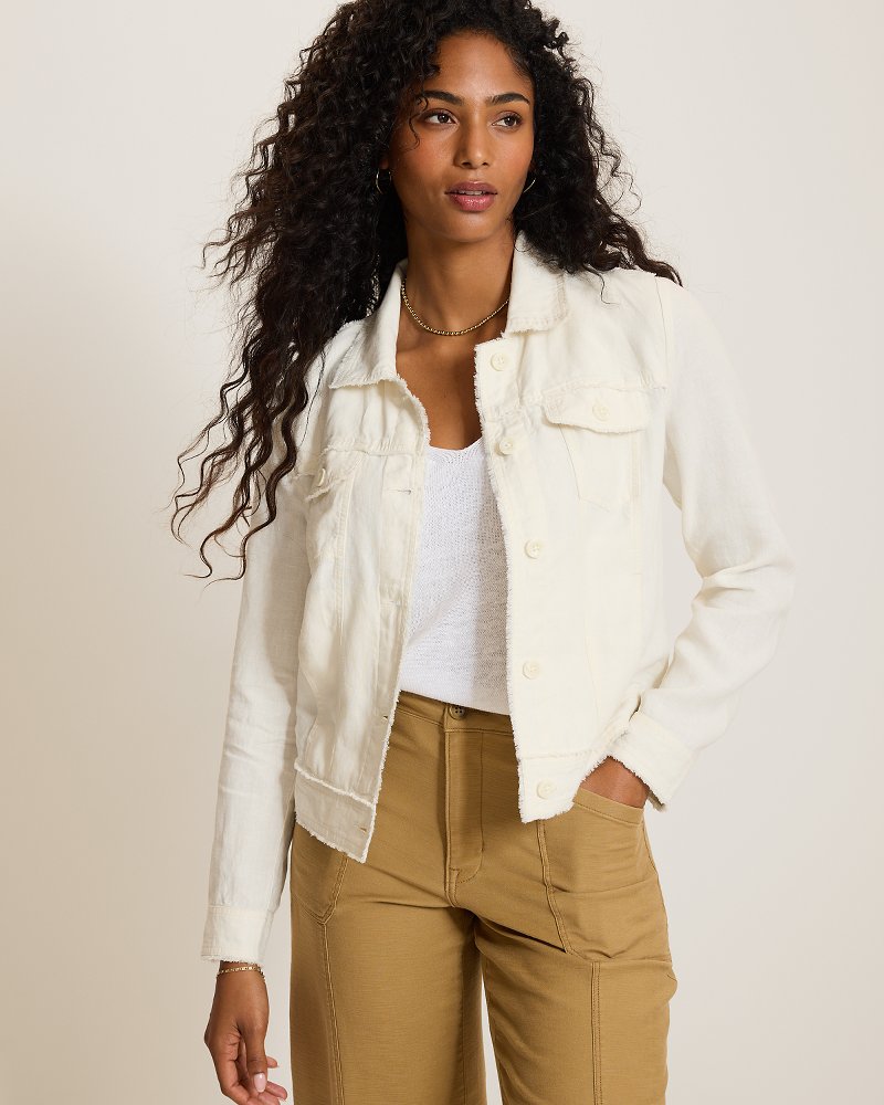 Embroidered Two Palms Raw-Edge Linen Jacket