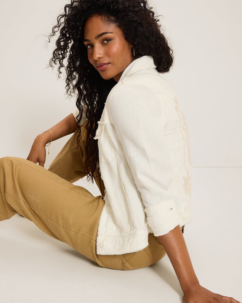 Embroidered Two Palms Raw-Edge Linen Jacket thumbnail 4