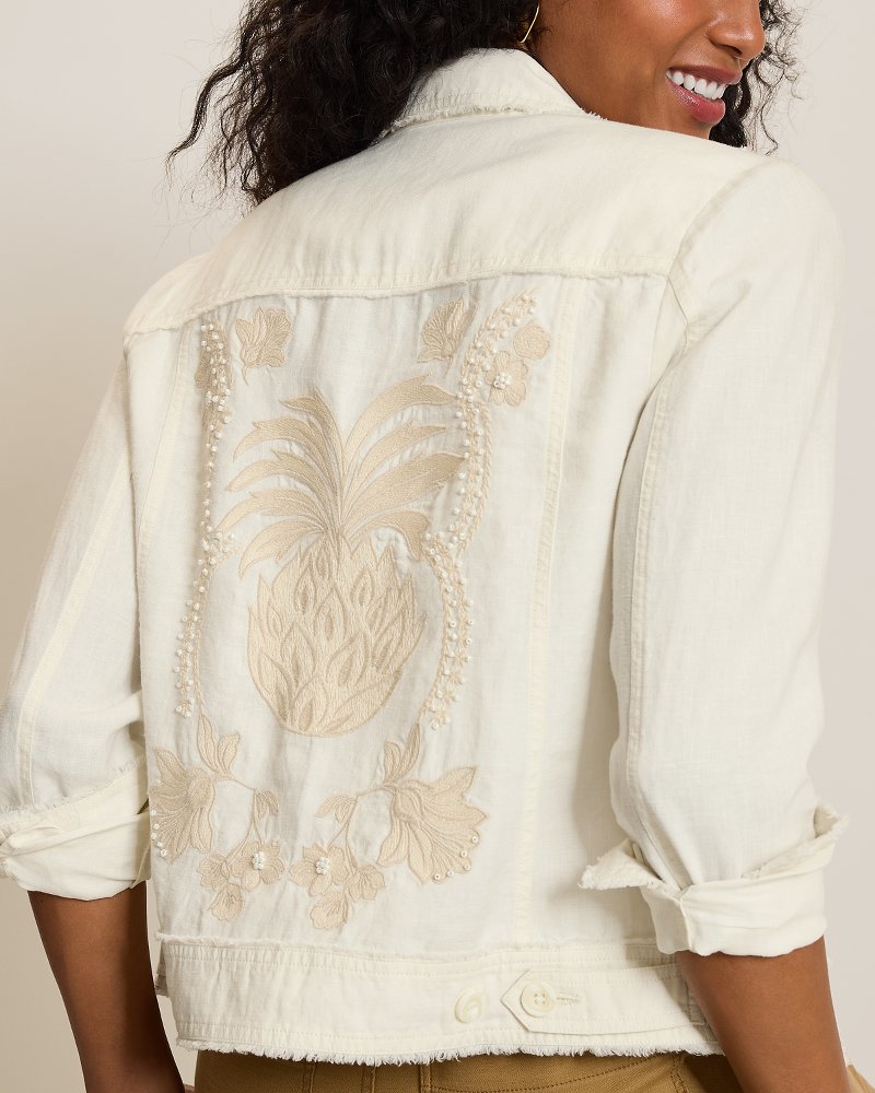 Embroidered Two Palms Raw-Edge Linen Jacket