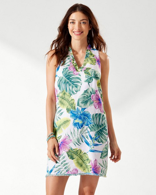 Two Palms Hibiscus Grove Ruffle Linen Dress