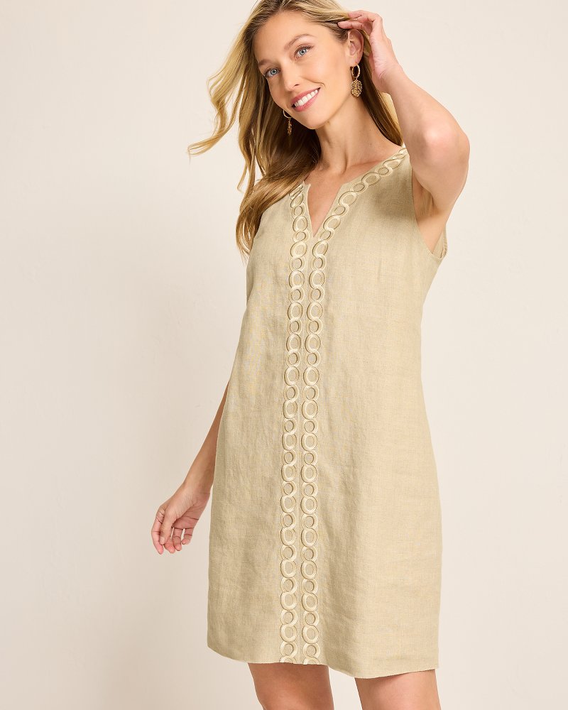 Geometric Embroidered Linen Shift Dress